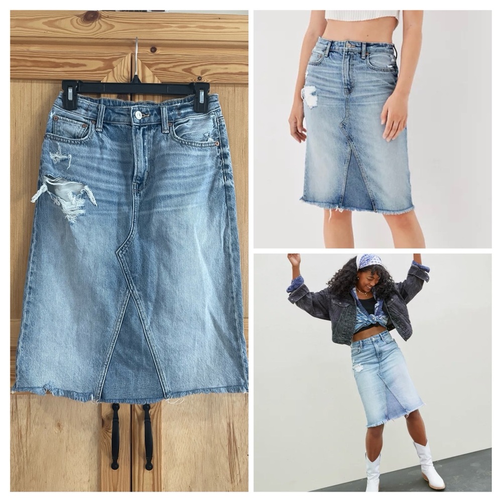 American Eagle midi skirt distressed modest frayed hem denim jean skirt
